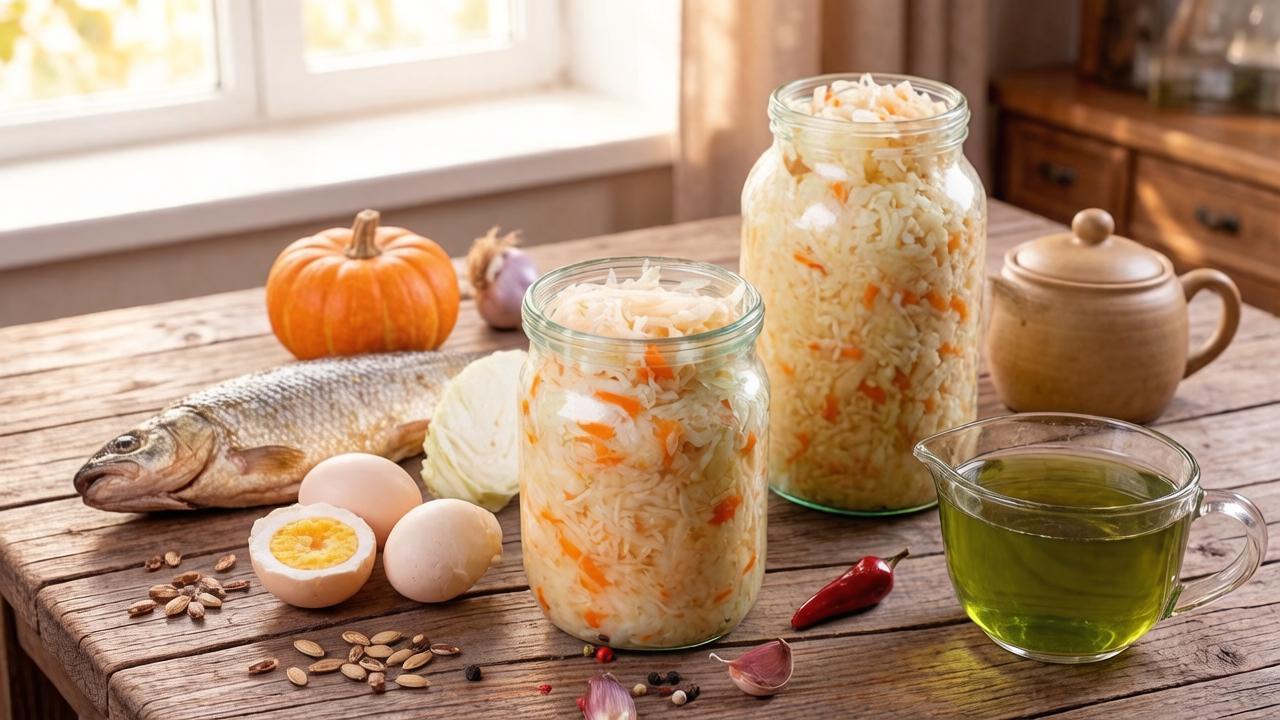 Продукты, богатые витаминами и цинком, на столе для профилактики простуды.